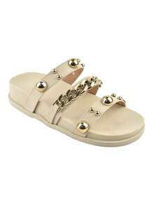 Women's Papete Sandal With Elegant Chain And Bead Application, Flat Comfortable - 香檳色 - 查看 1