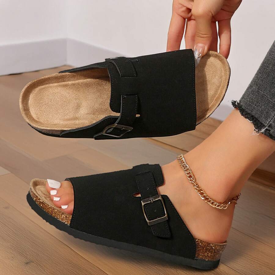 Stylish Women's Slide Sandals With,Cork Footbed,And Adjustable Straps - Featuring Unique Knitted Design For Comfort. - màu đen - Xem 1