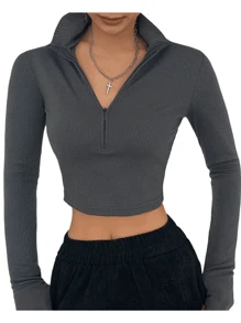 女士户外休闲高领长袖半拉链短款性感修身 T 恤 - 灰色 - 查看 3