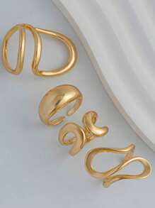 4/8 Pieces Bohemian Geometric Hollow Gold Rings, Asymmetrical Abstract Design, Adjustable, Charm Jewelry Set, Suitable For Women's Daily, Summer, Beach, Wearing, Mother's Day, Valentine's Day, Gift