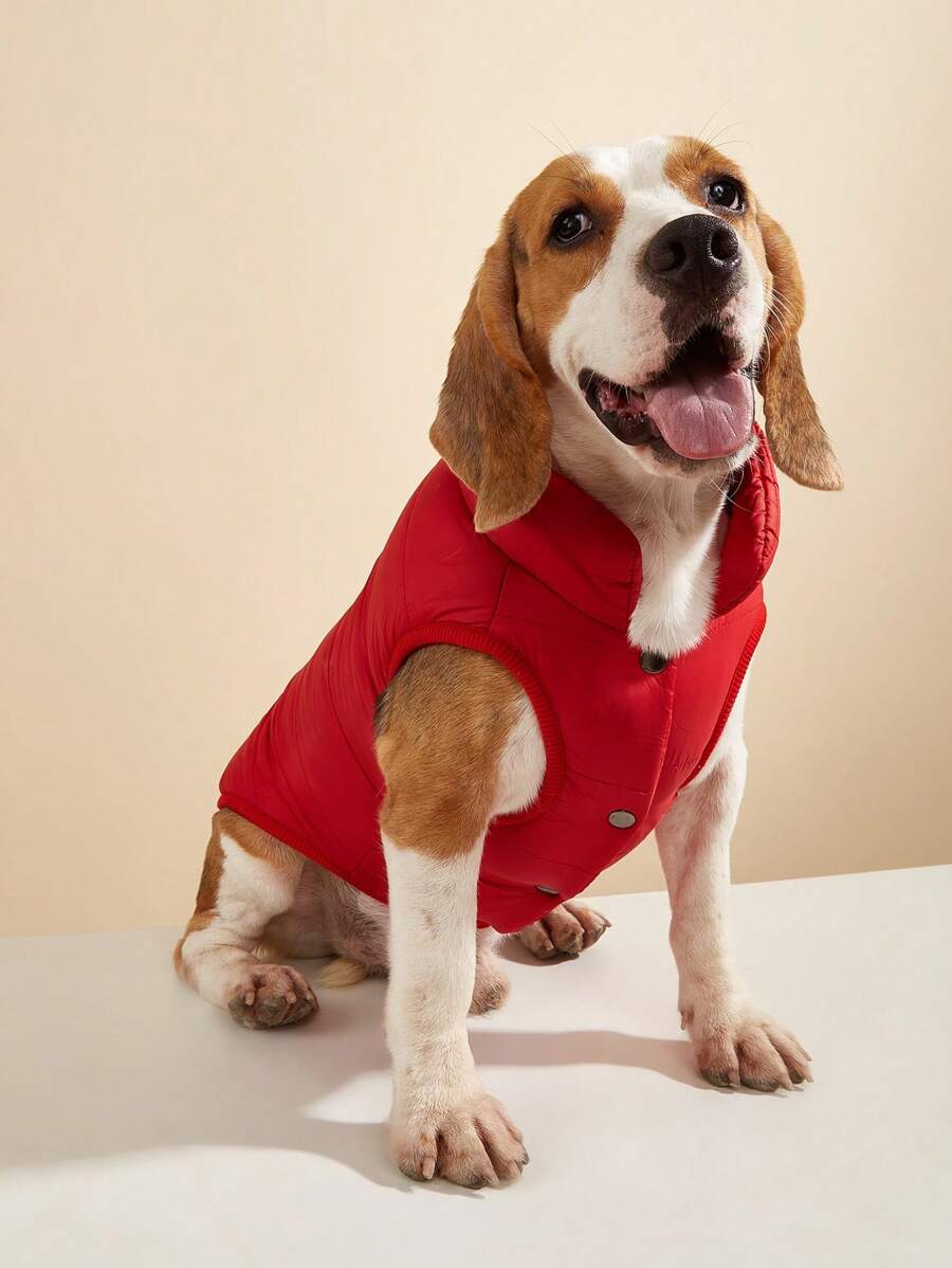 1pc Minimalist Solid Color Winter Plush Pet Jacket Outdoor Windproof Big Dog Coat - Red - View 1