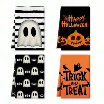 4pcs Kitchen Towels Set, Happy Kitchen Decor, TRICK OR TREAT Pumpkin, Ghost, Skull Stripe Decorative Holiday Kitchen Towels & Dishcloths, 16" X 24"