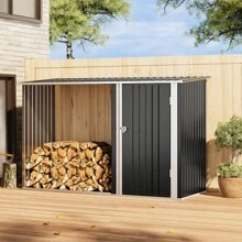 LIVINGANDHOME Living And Home - UK Steel Outdoor Garden Storage Shed With Log Stacking Rack - Black - View 7