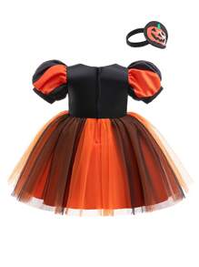 Đầm công chúa lưới in hình bí ngô nhiều màu và đen dự tiệc Halloween cho bé gái kèm băng đô, thích hợp cho tiệc cosplay - màu đen - Xem 3