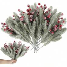 34pcs Artificial Pine Branches And Red Berry Stems, With Snowflakes, For Wreath, Tree Decorations, DIY Crafts And Home Garden Decor, Valentine Day, Gift Home Decor Christmas Decorations Room Decor Christmas - Multicolor - View 1