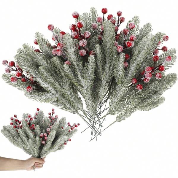 34pcs Artificial Pine Branches And Red Berry Stems, With Snowflakes, For Wreath, Tree Decorations, DIY Crafts And Home Garden Decor, Valentine Day, Gift Home Decor Christmas Decorations Room Decor Christmas