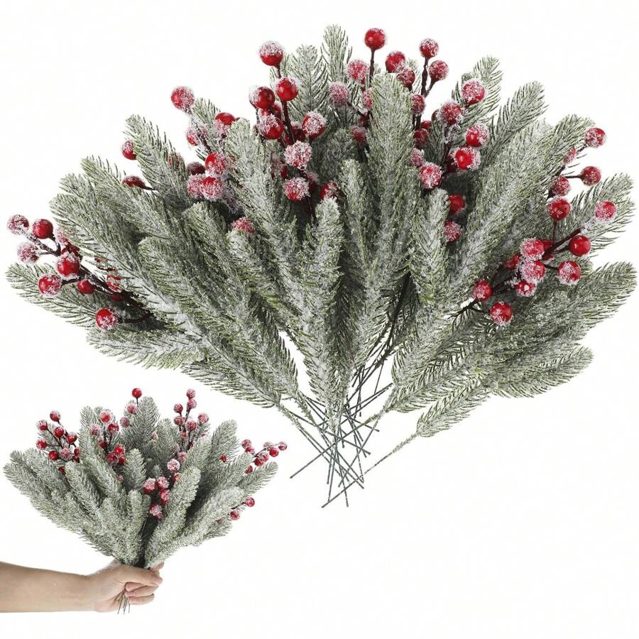 34pcs Artificial Pine Branches And Red Berry Stems, With Snowflakes, For Wreath, Tree Decorations, DIY Crafts And Home Garden Decor, Valentine Day, Gift Home Decor Christmas Decorations Room Decor Christmas - Multicolor - View 1