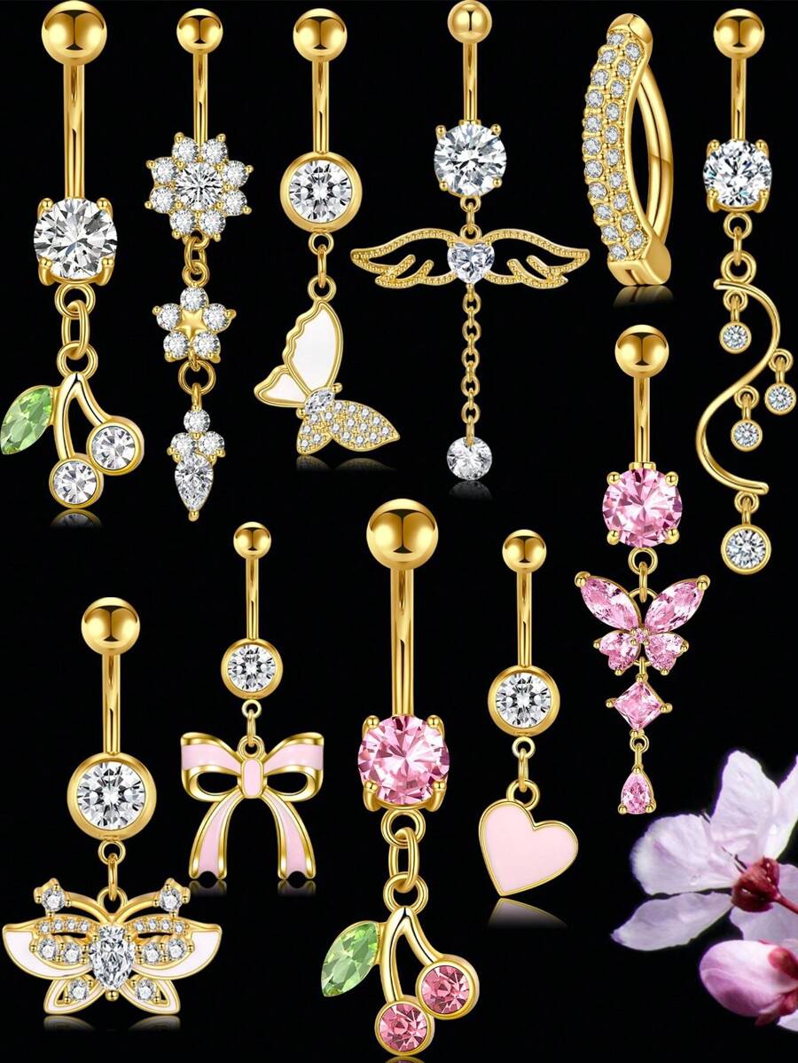 1 chiếc khuyên rốn bằng thép không gỉ đính đá Zirconia 14G, khuyên rốn hình trái tim và bướm đính đá Zirconia 14G ít gây dị ứng, trang sức Giáng sinh và Halloween cho nữ và bé gái. - Nhiều màu - Xem 1