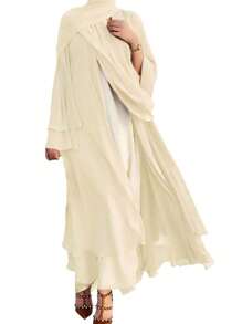 1 件双层雪纺开衫 Abaya 搭配同款头巾，适合女性日常穿着万圣节 - 彩色 - 查看 14