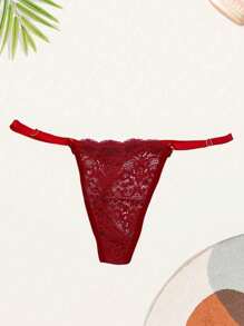 Lace Adjustable Panties Thong With Heart-Shaped Jewelry Make The Pix - 紅色 - 查看 1