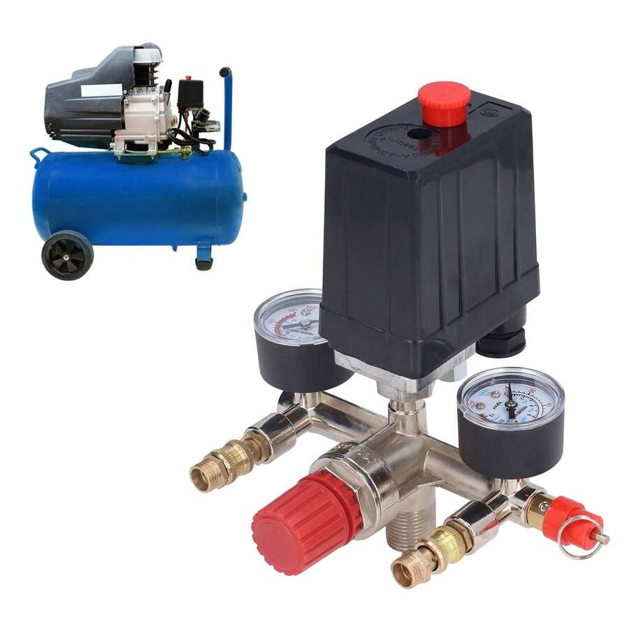 Air Compressor Pressure Switch, Air Compressor Pressure Valve Kit Self-Loading Dump Heavy Duty Vertical 90‑120 PSI With Gauge For Pump - 黑色 - 查看 1
