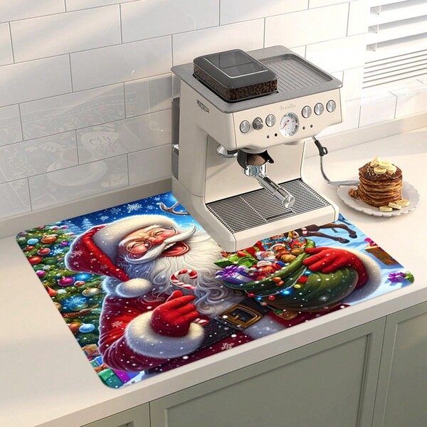 1 pezzo Tappetino multiuso a tema natalizio, tappetino per l'asciugatura di piatti con motivi di Babbo Natale ed alci, stuoia in poliestere, sottopentola resistente al calore, tappetino antiscivolo per l'asciugatura di piatti, decorazione natalizia