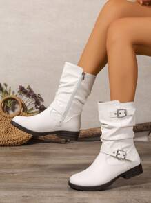 Fall/Winter 2025 Women's Casual Pleated Striped Patchwork Side Zipper Round Toe Flat Versatile Shoes,Boots For Women - White - View 2