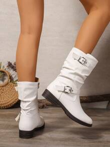 Fall/Winter 2025 Women's Casual Pleated Striped Patchwork Side Zipper Round Toe Flat Versatile Shoes,Boots For Women - White - View 6