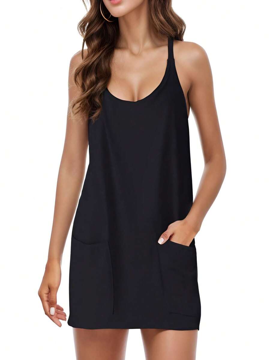 Women's Casual Sleeveless Scoop Neck Tunic Dress With Pockets, Short Backless Criss Cross Black Summer Sundress - 黑色 - 查看 1