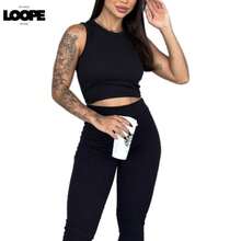 Cropped Tank Top And Irregular Leggings Set - màu đen - Xem 3