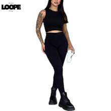 Cropped Tank Top And Irregular Leggings Set - màu đen - Xem 1