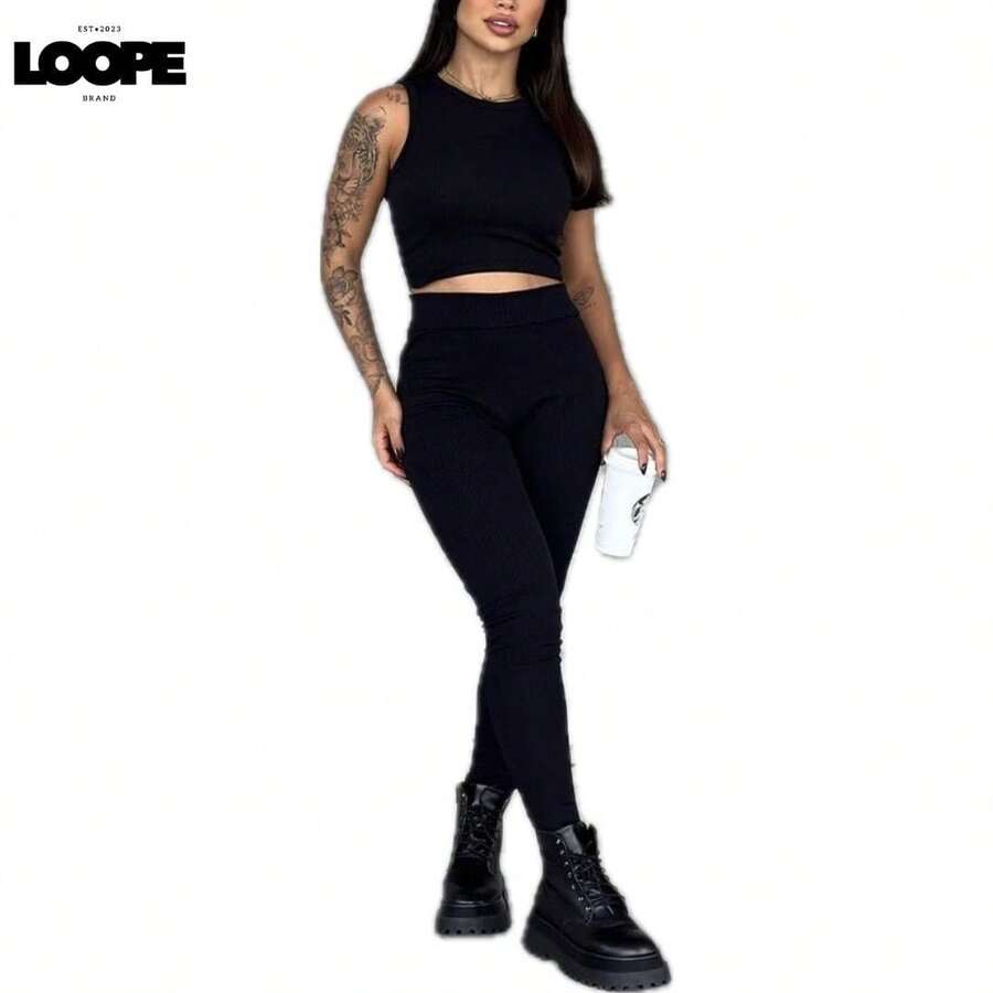 Cropped Tank Top And Irregular Leggings Set - màu đen - Xem 1