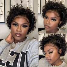 6 Inch Short Curly Pixie Cut Bob Lace Wig Human Hair For Women 1B Color Bob Wig Pre Plucked Natural Hairline13x1 Transparent Lace Brazilian Kinky Curly Wig Cheap Deep Wave Wig - Natural Black - Xem 3