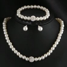 Wis 复古简约仿珍珠项链耳环首饰套装女士优雅摄政水晶颈链宴会婚礼配饰 - 白色 - 查看 9