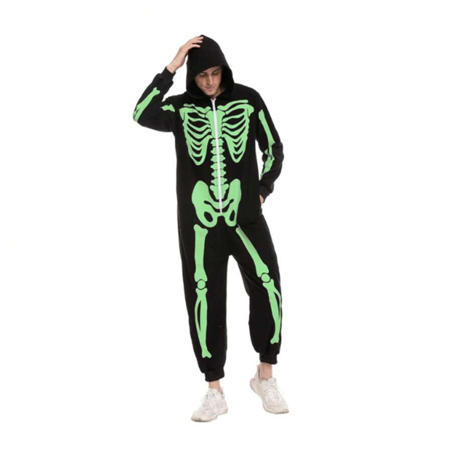 Joyfy Adult Men Halloween Skeleton Pajama, Family Matching Skeleton Bodysuit Pajama For Halloween Cosplay Party (Glow In The Dark)