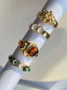 GARMEND 4 件套复古彩色树脂戒指套装，适合女士日常佩戴 - 彩色 - 查看 4