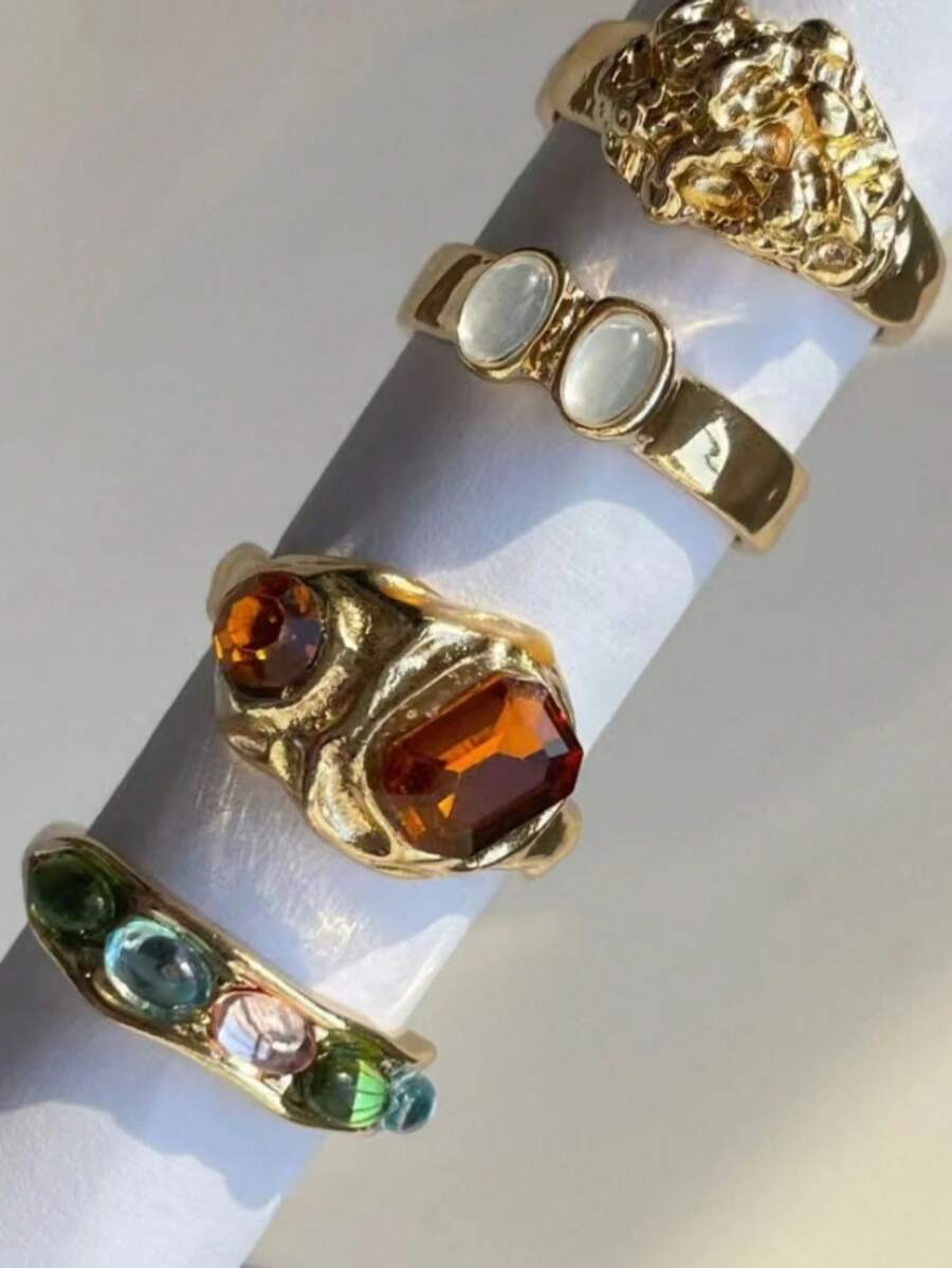 GARMEND 4 件套复古彩色树脂戒指套装，适合女士日常佩戴 - 彩色 - 查看 1