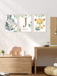 3 件定制名字艺术印刷品大象印刷图片狮子帆布海报丛林动物壁挂图片树叶背景图片北欧海报男婴卧室装饰儿童房墙壁装饰圣诞礼物无框架 - 綠色 - 查看 4