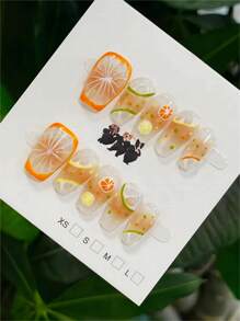 提升您的风格，10 件 S/M/L 100% 手工制作可穿戴指甲贴高端优雅清新柠檬夏季指甲贴可爱柠檬腮红柠檬可拆卸按压假指甲 DIY，适合女孩夏季柠檬水派对，全覆盖假指甲贴套装，送给女性的礼物和指甲用品，美白指甲套装，可拆卸假指甲，适合节日、聚会、约会和日常佩戴