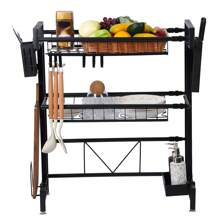 Égouttoir sur l'évier, télescopique, étagère à vaisselle deux niveaux grande capacité, support d'organisation pour évier, étagère de rangement pour plans de travail de cuisine pour assiettes, bols, casseroles, noir