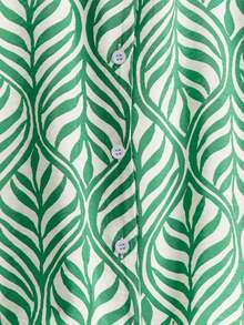 Women's Lapel NeckTropical Floral Ruffle Hem Short Sleeve Shirt - Green - View 5