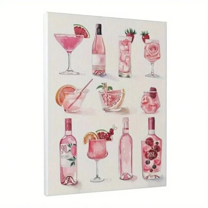 1pc Festive Cocktail Art: Pink Wine Bottle And Glass Collection Wall Art - Frameless, Canvas, Poster Room Decor
