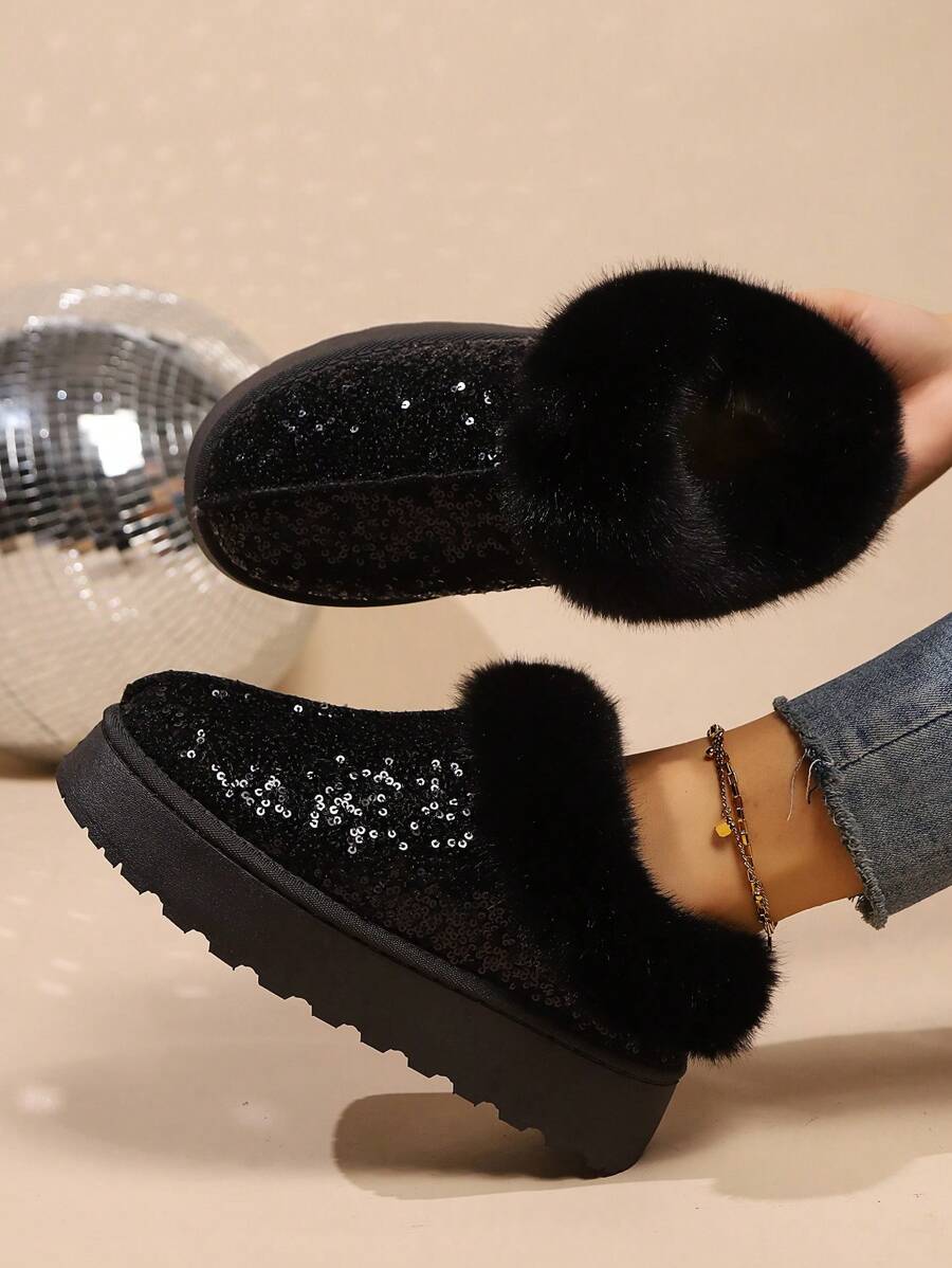 Damskie, wodoodporne, grube, błyszczące, codzienne buty w dużych rozmiarach, nowe, zimowe, ciepłe, termiczne, z okrągłym noskiem, antypoślizgowe, dla kobiet w ciąży, futrzane buty, śniegowce - Czarne - Zobacz 1