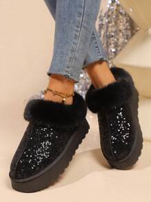 Damskie, wodoodporne, grube, błyszczące, codzienne buty w dużych rozmiarach, nowe, zimowe, ciepłe, termiczne, z okrągłym noskiem, antypoślizgowe, dla kobiet w ciąży, futrzane buty, śniegowce - Czarne - Zobacz 4