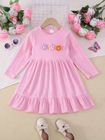 1 件女童休闲纯色迷你碎花连衣裙，秋季