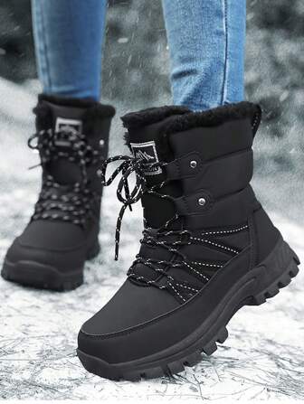 Women's Winter Snow Boots Plush Warm Winter Shoes, Anti-Slip Windproof Outdoor High-Top Lace-Up Boots, Plus Size