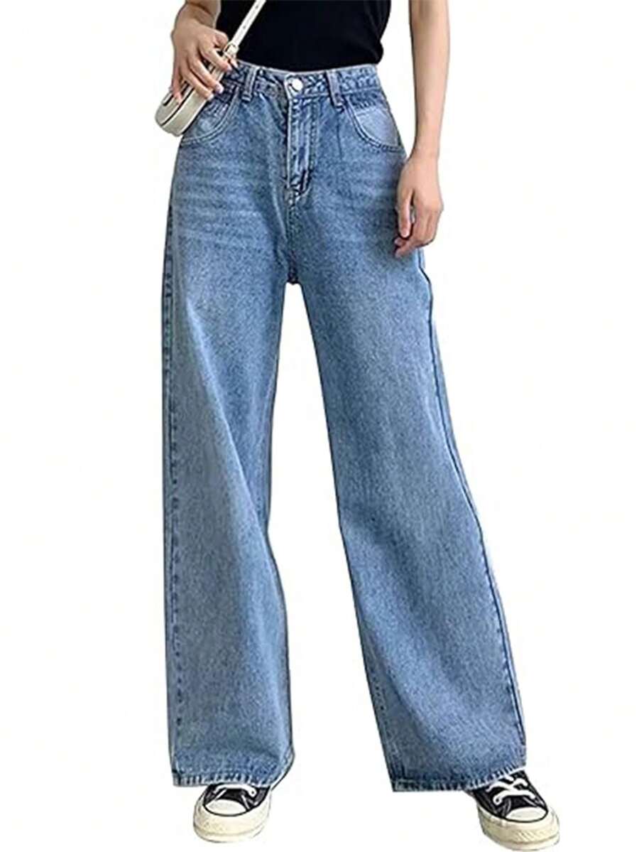 Quần jeans ống rộng rách nhẹ dáng casual dành cho nữ, có túi xéo, thích hợp cho mùa thu. - Màu xanh lam - Xem 1