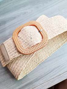 WOMEN'S ELASTIC STRAW BELT WITH STRETCHING BAMBOO BUCKLE, SYNTHETIC LEATHER TIP, IDEAL FOR SPRING SUMMER 2024 DRESSES, ELEGANT - 卡其色 - 查看 4