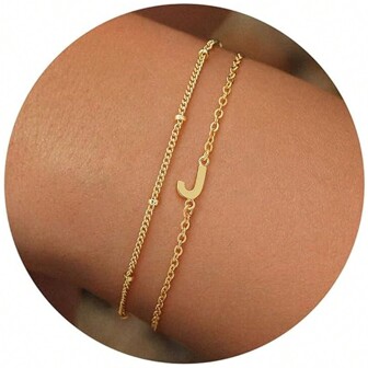 2pcs Stainless Steel Gold Initial Letter Bracelets, Suitable For Women'S Daily Wear