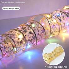 1 st. LED-kerstlintverlichting 39,37/78,74/196,85/393,7 inch zilver/gouden lint met koperdraad, feeënlichtsnoer, kerstboom, decoratief lint, strikken, lampen, op batterijen, voor thuis, tuin, tuin, bruiloft, verjaardag, feest, kerstboom, festivals, nieuwjaarsdecoratie (1/2/5/10 m gouden/zilveren lint; warm wit/wit/kleurrijk licht), kamerdecoratie, kerstdecoratie, kerstverlichting, slaapkamerdecoratie, woondecoratie, feestdecoratie, vakantie, festival, kerstcadeau, Thanksgiving, kerstboomdecoratie, ornamenten
