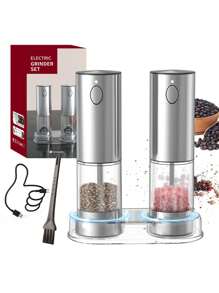 CLITON 2件套电动盐和胡椒研磨器套装 - 大容量自动盐和胡椒研磨器套装，带底座，不锈钢可充电胡椒研磨器，可填充，粗细可调，电动盐和胡椒研磨器套装（2件装），自动胡椒研磨器，单手操作，陶瓷研磨芯，可填充，USB充电，LED灯，圣诞节礼物，厨房礼物，新年礼物，万圣节礼物，感恩节礼物，情人节礼物，95毫升容器，黑色