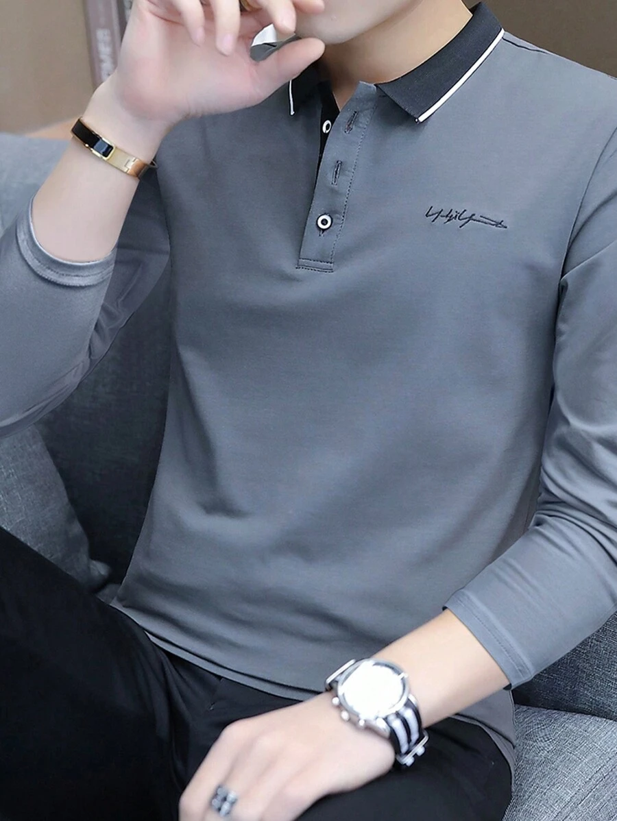 2024 春季新款男士 Polo 衫,长袖,修身,休闲,适合秋季 - 深灰色 - 查看 1