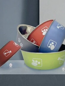 1pc Stainless Steel Double Layer Paw Print Pattern Cat/Dog Lover Gift And Dog/Cat Mom Love Pet Bowl, Large Capacity Anti-Skid Anti-Spill For Small/Medium Dog Lover And Dog Mom Love Cat Lover And Cat Mom Love (2 Styles Of Non-Slip Mat Randomly Included) - Multicolor - View 1