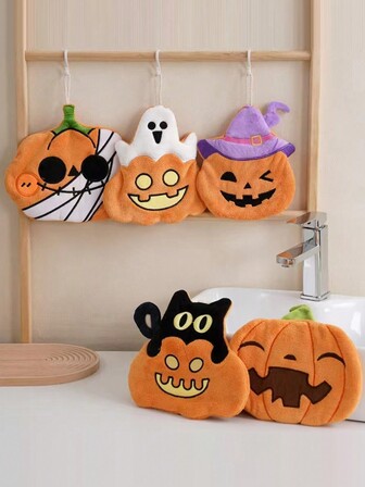 1 件式挂式手帕，带有可爱的卡通万圣节图案，吸水力强且干得快的毛巾适用于浴室、厨房、客厅装饰，珊瑚绒材质，超细纤维毛巾