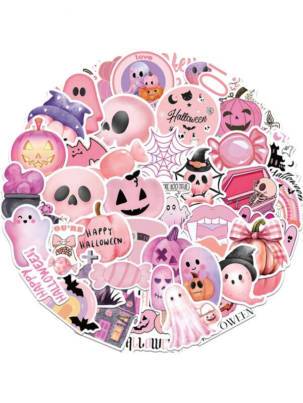 1 Roll 50pcs Pink Halloween Cartoon Stickers - Waterproof, Reusable For DIY Scrapbook, Laptop, Water Bottle Etc. - Cute Aesthetic Party Supplies