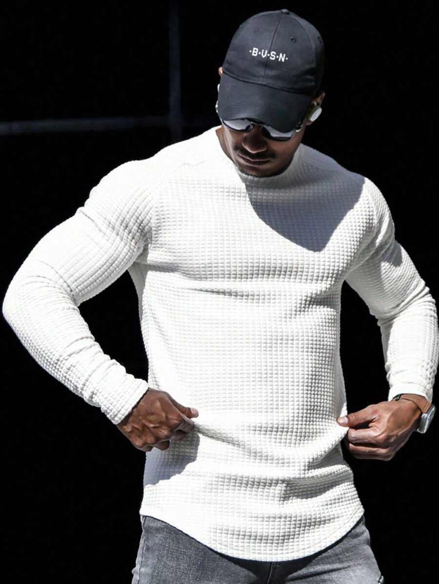 Tricou la modă pentru bărbați, de culoare uni, tricot cu vafe, cu mânecă lungă, cu decolteu rotund - alb - Vizualizare 1