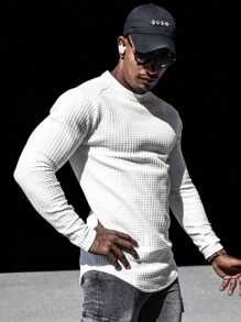 Tricou la modă pentru bărbați, de culoare uni, tricot cu vafe, cu mânecă lungă, cu decolteu rotund - alb - Vizualizare 2