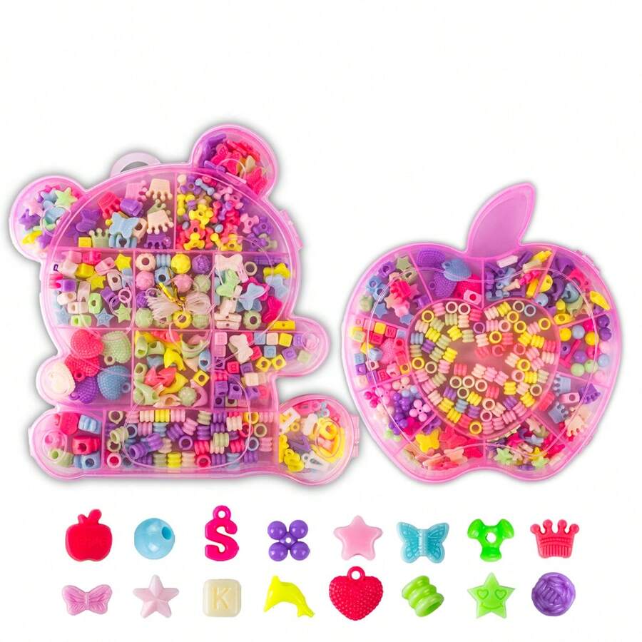 Arte Seducao Kit 2 Suitcases Apple And Teddy Bear Shape Creative Factory Children's Jewelry Colorful Beads Necklace Bracelet Nylon Threads - 彩色 - 查看 1