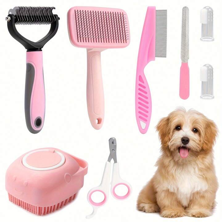 8pcs set Dog Grooming Kit Pet Self cleaning Set With Nail Clippers File Flea Comb Shampoo Brush Shedding Brush Dematting Comb Silicon Toothbrush SHEIN ASIA