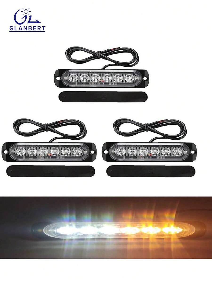 GLANBERT 3pcs LED Emergency Strobe Lights, Red Blue 6 LED Strobe